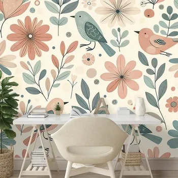 Tapeta Dovido Fototapeta pasteloví ptáčci a květiny