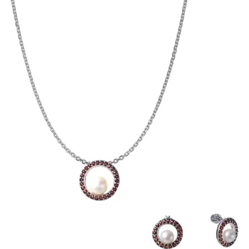 Souprava šperků Stříbrný set šperků 1239 s českým granátem a perlou, rhodiovaný - kruh Zapínání: balónek, Délka řetízku: 40 cm