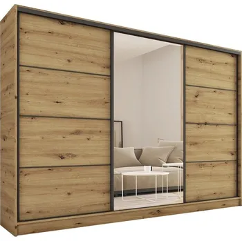 Šatní skříň Šatní skříň HARAZIA 250 se zrcadlem, 4 šuplíky a 2 šatními tyčemi, dub artisan +možnost VÝNOSU + vyzvednutí ZDARMA