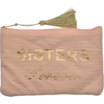 Kosmetická taška Růžová kosmetická taštička se střapcem a nápisem Sisters forever – 17x11 cm
