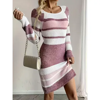 Dámské šaty Pletené pruhované šaty s výstřihem Barva: Růžová, Velikostní tabulka: L