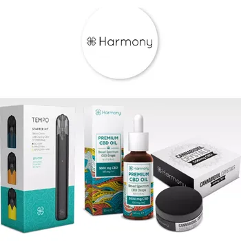 CBD CBD balíček kombinující základní produkty značky Harmony - 10% CBD olej 3000 mg 30 ml, krystaly 500 mg a Tempo starter kit Classics 318 mg.