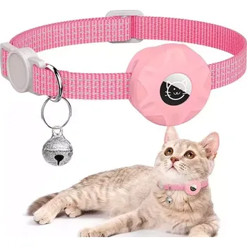 TopTechnology Reflexní obojek pro kočky s AirTag pouzdrem a zvonkem - Růžový
