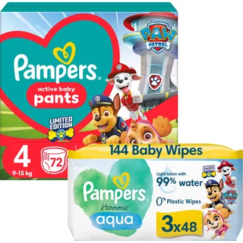 Plena PAMPERS Active Baby Pants Paw Patrol vel. 4 (72 ks) + Harmonie Aqua Paw Patrol ubrousky 3× 48 ks