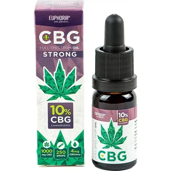 CBD CBG olej 10% full spectrum (plnospektrální) od společnosti Euphoria obsahuje v 30 ml objemu 3000 mg CBG, 600 mg CBD a k tomu i další kanabinoidy.