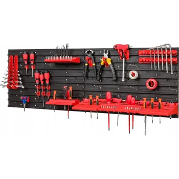 Obraz Nástěnná dílenská deska / panel na nářadí do garáže + 20 držáků, 3 police