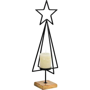 Kovový svícen ve tvaru stromečku na mango dřevěném podstavci 50 cm