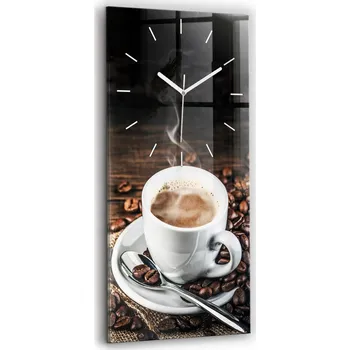 Hodiny Skleněné nástěnné hodiny do obýváku se vzorem Šálek a kávových zrn 30x60 cm