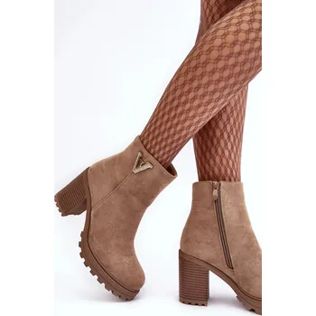 Dámská zimní obuv Dámské semišové kotníkové boty na vysokém podpatku se zdobením, béžová silná 40