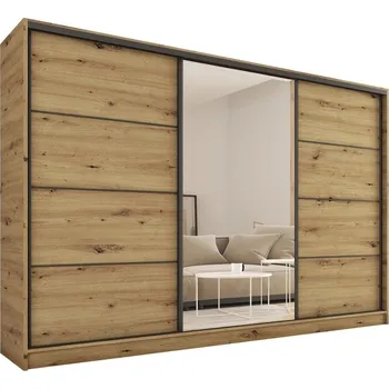 Šatní skříň Šatní skříň HARAZIA 280 se zrcadlem, 4 šuplíky a 2 šatními tyčemi, dub artisan +možnost VÝNOSU + vyzvednutí ZDARMA