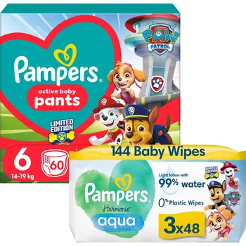 Plena PAMPERS Active Baby Pants Paw Patrol vel. 6 (60 ks) + Harmonie Aqua Paw Patrol ubrousky 3× 48 ks