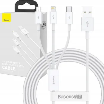 Datový kabel USB kabel Baseus USB-A - USB-C + microUSB + Lightning 1,5 m Bílý
