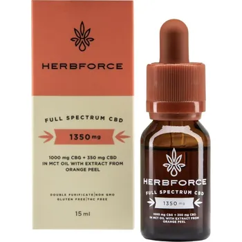 CBD Plnospektrální MCT Olej obohacen o CBG (1000mg) + CBD (350mg) a extrakt z pomerančové kůry. Poměr THC je dle zákona nižší než 0,2 %.