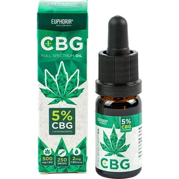 CBD CBG olej 5% full spectrum (plnospektrální) od společnosti Euphoria obsahuje v 10 ml objemu 500 mg CBG a k tomu i další kanabinoidy.