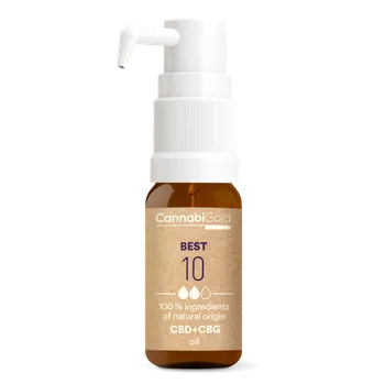 CBD Nový kosmetický olej značky CannabiGold Best s obsahem 10 % CBD / CBG. Baleno v jantarových skleněných lahvích s dávkovací pumpičkou.