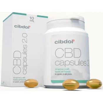 CBD 10% CBD gelové tobolky softgel od Cibdol. Každá krabička se skládá z 60 tobolek obsahujících 16 mg CBD na bázi 10% oleje.