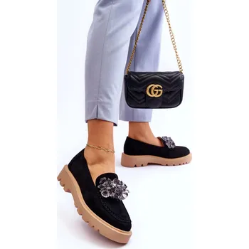 Dámské mokasíny Módní semišové mokasíny s krystaly Černé Demeris 38