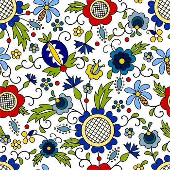 Vícebarevná VODĚODOLNÁ látka na závěsy s lidovým motivem z Łowicze, šířka 160 cm