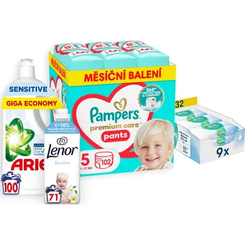 Plenkové kalhoty PAMPERS balíček V. (plenkové kalhotky vel. 5 - 102 ks, vlhčené ubrousky, prací gel a aviváž)