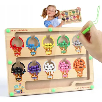 Dřevěná hračka MAGNETICKÝ DŘEVĚNÝ LABYRINT S PEREM MONTESSORI HRA HRAČKA S KULIČKAMI