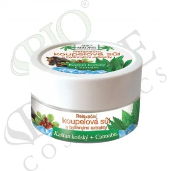 Koupelová kosmetika Koupelová sůl s extraktem Cannabis a kaštanu koňského působí v lázni relaxačně a blahodárně na tělo, pohladí Vaši mysl, uleví namáhaným kloubům, uvolní svalové napětí.