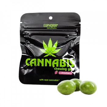 Bonbon Žvýkačka bez cukru s komprimátovou vložkou, s jahodovou a peprnomátovou příchutí, s příchutí konopí, se sladidly, balení 3x3g.