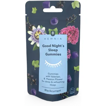 Bonbon Limitovaná edice želé bonbónů s kozlíkem lékařským a mučenkou, které jsou bez CBD od společnosti Hemnia s příchutí černého rybízu.