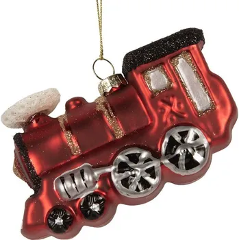 Vánoční ozdoba Vánoční skleněná závěsná ozdoba červená mašinka - 10*4*5 cm