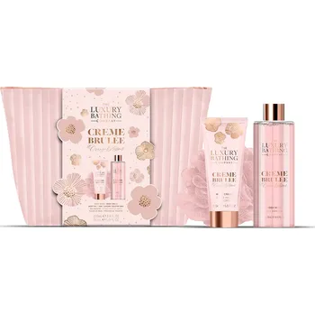 Kosmetická sada Grace Cole Crème Brûlée & Orange Blossom - sada s péčí o tělo, 3 ks sada tělové houbičky a kosmetiky s vůní vanilky, creme brulee a pomerančového květu, v kosmetické taštičce