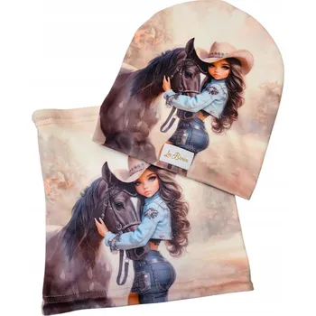 Čepice Dětská zimní podzimní sada Nákrčník Čepice pro dívku s koněm