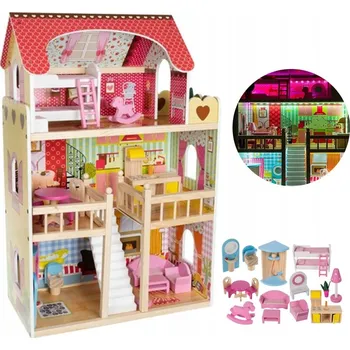 Domeček pro panenku VELKÝ DŘEVĚNÝ DOMEČEK PRO PANENKY s Kuchyní, Koupelnou, Schody, Balkonem a LED Osvětlením XXL