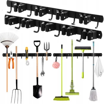 Věšák DRŽÁK VĚŠÁK NA NÁŘADÍ METLY MOP HRÁBĚ S 5 DRŽÁKY A 4 HÁČKY