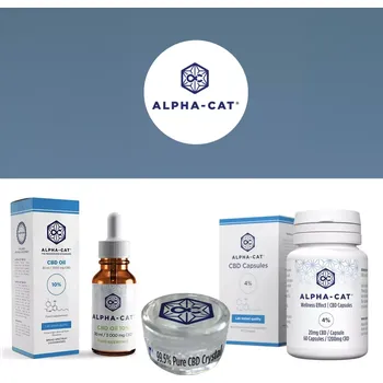 CBD CBD balíček kombinující základní produkty značky Alpha-CAT - 20% CBD olej 2000mg 10ml, 600mg CBD kapsle a 500mg CBD krystaly.