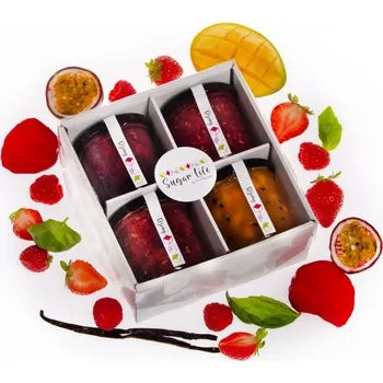 Sugar Life Dárkový set džem 4x175 g Mango - mučenka - madagaskarská vanilka, Malina - liči - růže, Jahoda - limetka - bazalka, Višeň - mandle - griotka