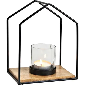 Kovový svícen ve tvaru domečku na mango dřevěném podstavci 25 cm