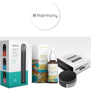 CBD Balíček CBD kombinující základní produkty Harmony - 3,3% CBD olej 1000 mg 30 ml, krystaly 500 mg a startovací sadu Tempo Classics 318 mg.