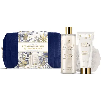 Kosmetická sada Grace Cole Bergamot, Ginger & Lemongrass - sada s péčí o tělo a houbičkou, 3 ks praktická sada mycí houbičky a tělových produktů v kosmetické taštičce