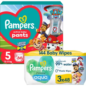 Plena PAMPERS Active Baby Pants Paw Patrol vel. 5 (66 ks) + Harmonie Aqua Paw Patrol ubrousky 3× 48 ks