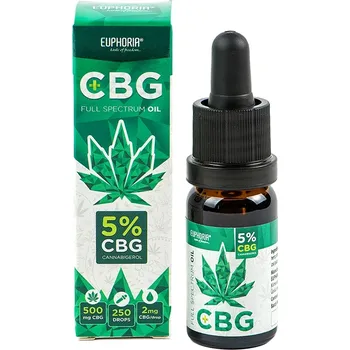 CBD CBG olej 5 % full spectrum (plnospektrální) od společnosti Euphoria obsahuje v 10ml objemu 500 mg CBG a k tomu i další kanabinoidy.