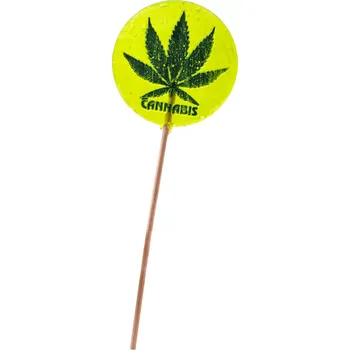 Bonbon Obří ploché lízátko s intenzivním konopným éterickým olejem a na něm vytištěný list konopí.