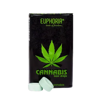 Bonbon Komprimát bez cukru s peprmintovou příchutí, s příchutí konopí, se sladidly.