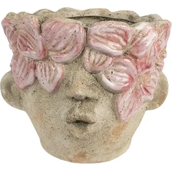 Obal na květináč Cementový květináč hlava s květinami s růžovou glazurou Tete – 18x18 cm