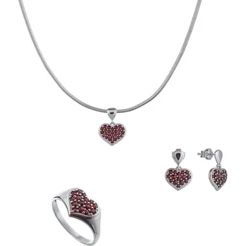Souprava šperků Stříbrný set šperků 1390 s českým granátem, rhodiovaný - srdce Velikost: 60, Zapínání: balónek, Délka řetízku: 45 cm