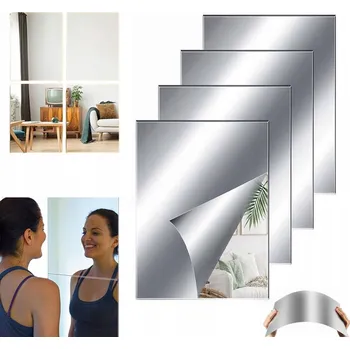 Zrcadlo 4x SAMOLEPICÍ ZRCADLOVÁ DLAŽDICE NÁLEPKA ZRCADLO NA ZEĎ ČTVEREC SADA