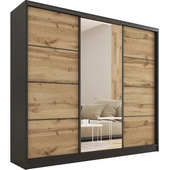Šatní skříň Šatní skříň HARAZIA 200 se zrcadlem, 4 šuplíky a 2 šatními tyčemi, černý mat/ dub wotan +možnost VÝNOSU + PROVĚŘENO zákazníky + vyzvednutí ZDARMA