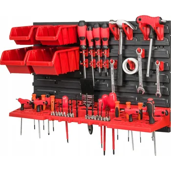 Obraz Nástěnná panelová deska na nářadí do garáže + 4 boxy/úložné boxy + Držáky