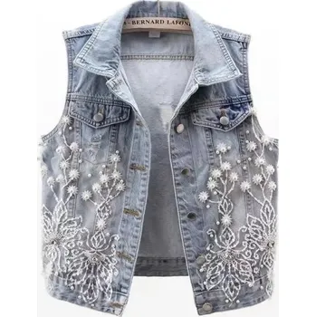 Dámská vesta Dámská modrá džínová vesta s límečkem a ozdobnými prvky Stylová vesta z bavlny a polyesteru Zapínání na knoflíky Moderní džínový vzhled XS