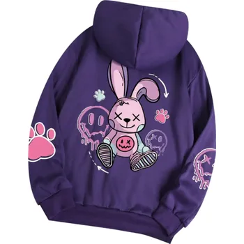 Dámská mikina Dámská mikina s kapucí a kapsami Jednobarevná mikina se vzorem králíka na zádech Měkký polyester Pohodlný volnočasový styl v různých barvách fialová M