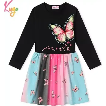 Dívčí šaty Dívčí šaty s dlouhým rukávem Kugo SS3628 tmavě modré (Moderní šaty pro dívky s motýly)