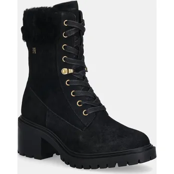 Dámské kozačky Semišové boty Tommy Hilfiger TH SHEARLING LACE UP BOOT FW0FW08999 černá 99X, EUR 40